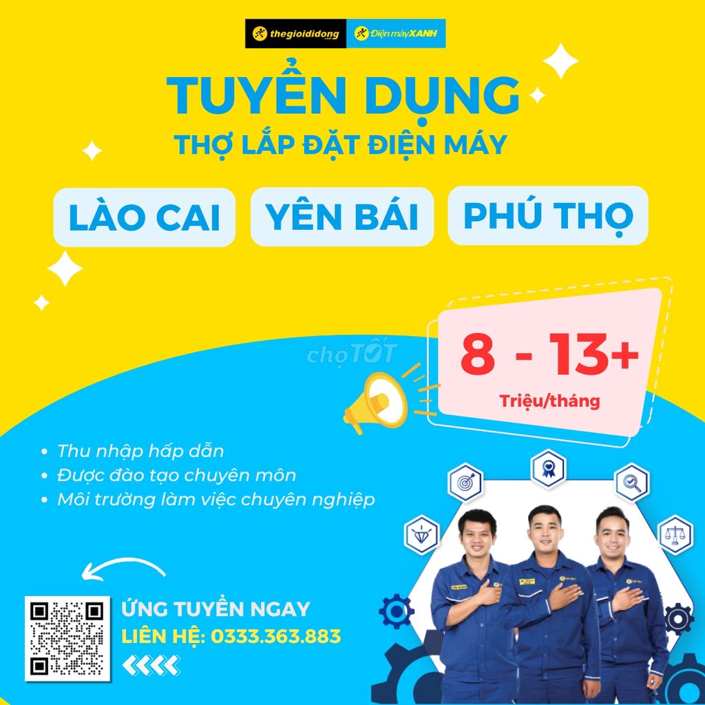 TUYỂN DỤNG THỢ LẮP ĐẶT ĐIỆN MÁY XANH. Việc làm Thợ điện tại Thành phố Lào Cai Lào Cai được đăng bởi Huấn Trịnh hình 1