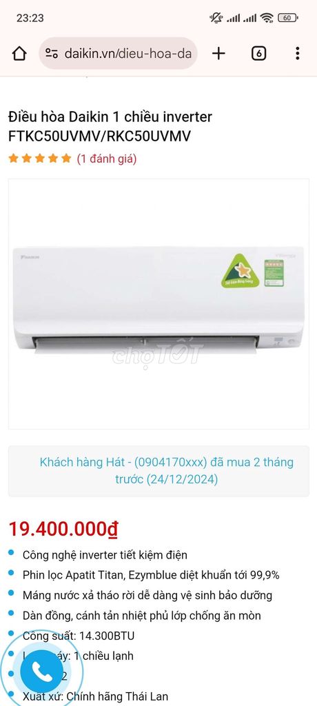 Pass máy Lạnh Daikin 2HP cao cấp, tiết kiệm 5 sao