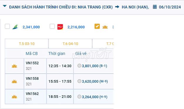 Cam Ranh (CXR) - Nội Bài (HAN) 06/10/2024