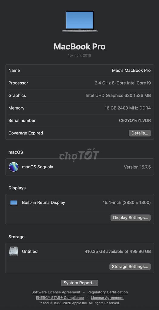 Apple MacBook Pro i9 15.4 inch 16GB/512GB. Mua bán Laptop tại Thành phố Thủ Đức Tp Hồ Chí Minh được đăng bởi Huyền hình 1