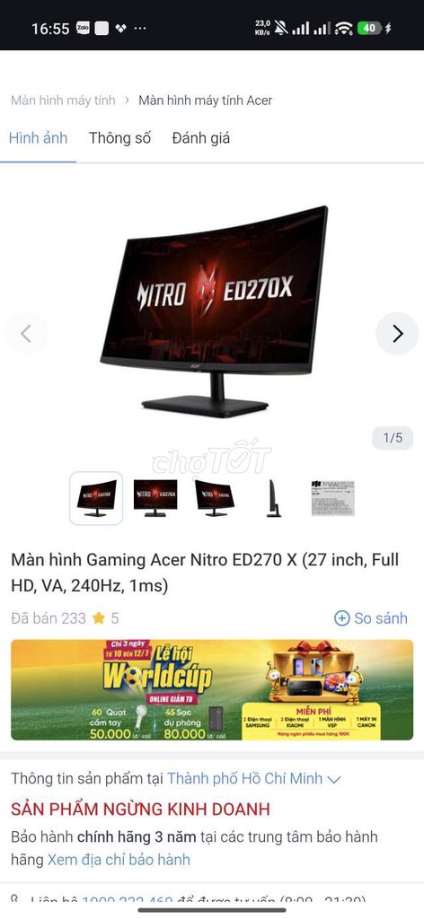 Acer Nitro ED270 X 27 inch Full HD 240Hz. Mua bán Phụ kiện (Màn hình, Chuột...) tại Thị xã Bình Minh Vĩnh Long được đăng bởi Danh Bi hình 1