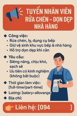 TUYỂN NHÂN VIÊN RỬA CHÉN – DỌN DẸP NHÀ HÀNG