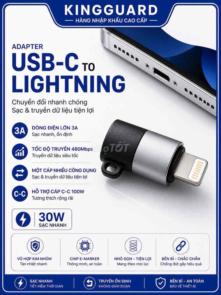 Đầu chuyển đổi KINGGUARD Type-C Lightning 30w. Mua bán Phụ kiện (Màn hình, Chuột...) tại Huyện Vĩnh Bảo Hải Phòng được đăng bởi KINGGUARD STORE hình 1