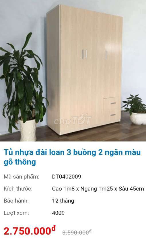 Tủ Quần áo nhựa đài loan 3 cánh đẹp 93% thanh lý