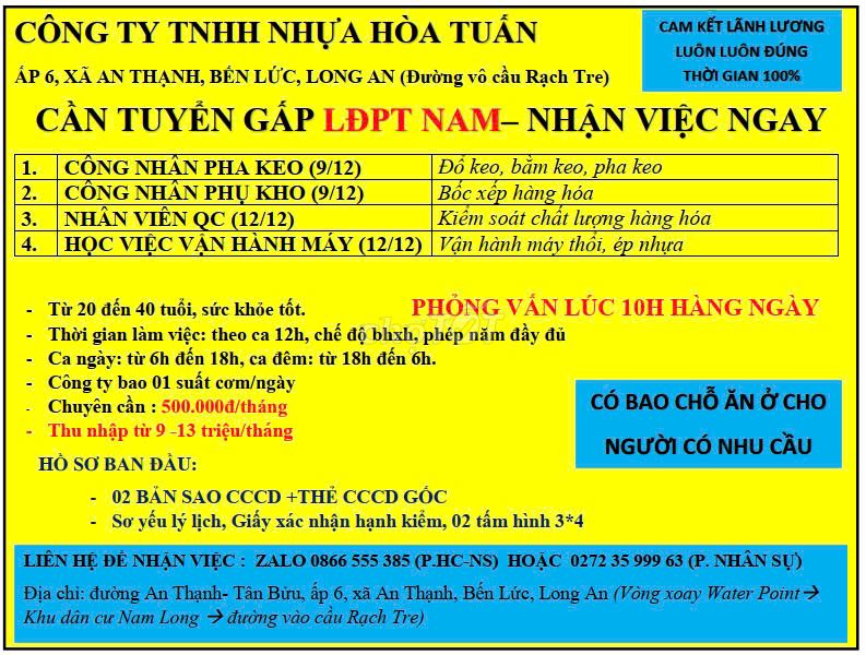 CẦN TUYỂN 6 LĐPT NAM (BẾN LỨC, LA)