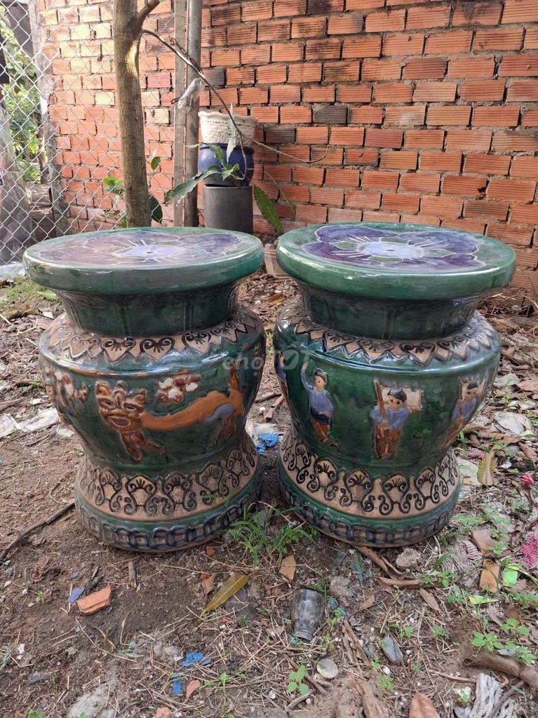 Đôn múa lân Gốm sứ Xanh lá 52cm cũ