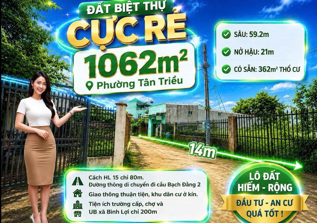 ĐẤT VƯỜN BIỆT THỰ PHƯỜNG TÂN TRIỀU GIÁ RẺ , THỔ CƯ BÁN GẤP  