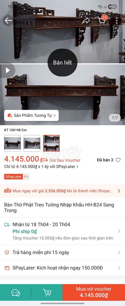 Bàn thờ Phật treo tường Gỗ 106x48cm. Mua bán Nội thất, đồ gia dụng khác tại Quận 3 Tp Hồ Chí Minh được đăng bởi Trần Nhật Linh hình 1