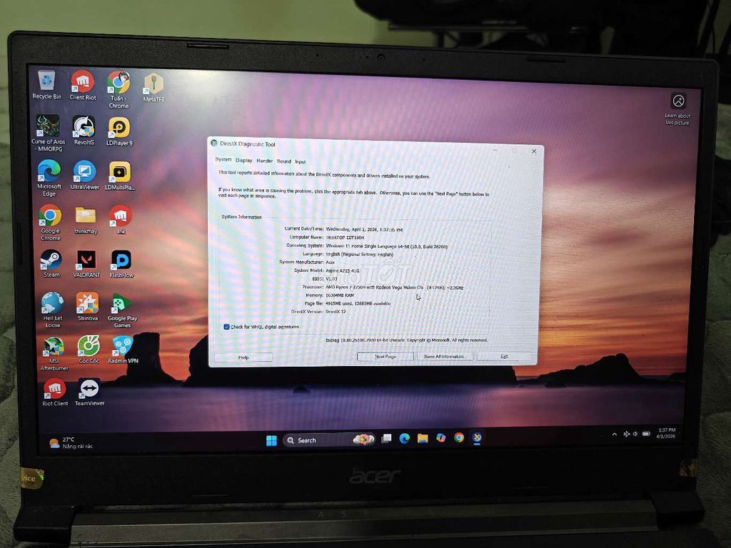 Acer Aspire 7 R7 3750H/GTX 1650TI 16GB/512GB. Mua bán Laptop tại Quận Bắc Từ Liêm Hà Nội được đăng bởi Hoàng hình 1