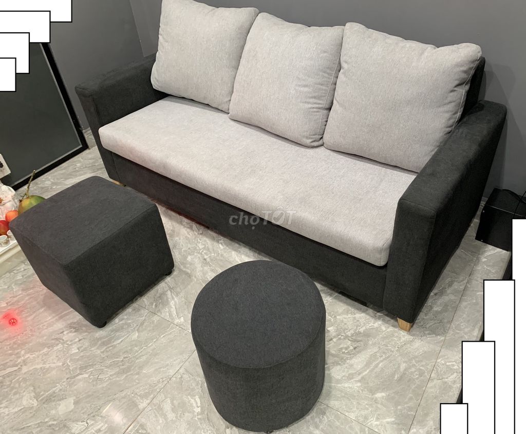 Bộ ghé sofa đen xám kèm bàn trà kính CL