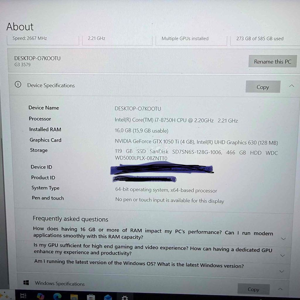 Pass Dell G3 3579 i7-8750H 16GB. Mua bán Laptop tại Quận Hà Đông Hà Nội được đăng bởi Đức Nhân hình 1