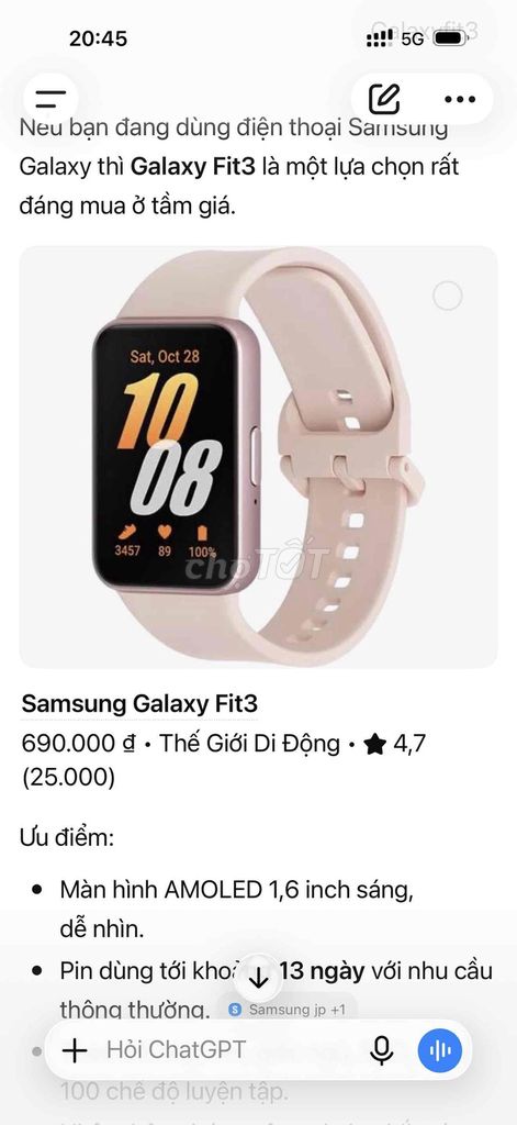 Samsung Galaxy Fit3 Hồng Mới. Mua bán Thiết bị đeo thông minh tại Quận Thanh Xuân Hà Nội được đăng bởi NGUYỄN THỊ NGỌC hình 1