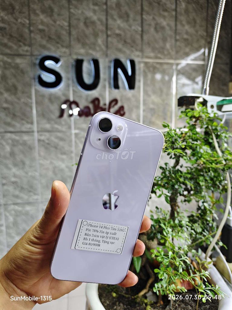 iP 14 Plus 128GB Tím Pin100% 1sim Nhé. Mua bán Điện thoại tại Huyện Trảng Bàng Tây Ninh được đăng bởi Sun Mobile Shop Điện Thoại Trảng Bàng Tây Ninh 01 hình 1