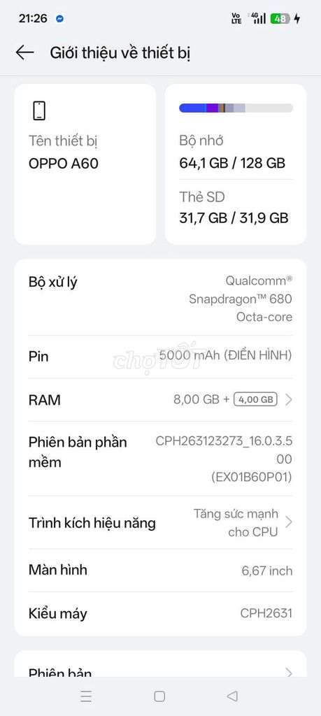 OPPO A60 128GB. Mua bán Điện thoại tại Quận 12 Tp Hồ Chí Minh được đăng bởi Nguyễn Minh ly hình 1
