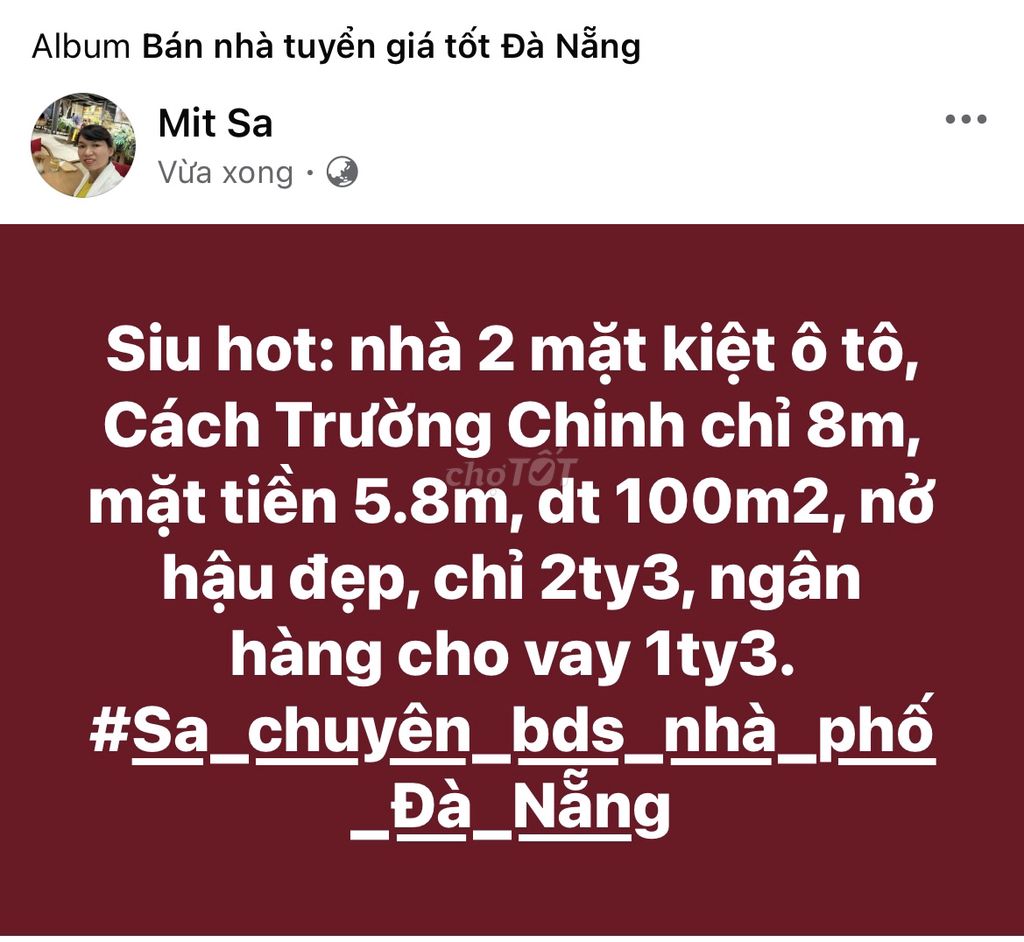 Chỉ 1ty mua nhà 2 mặt kiệt ô tô TTTP Đà Nẵng, nhanh tay nhanh tay.