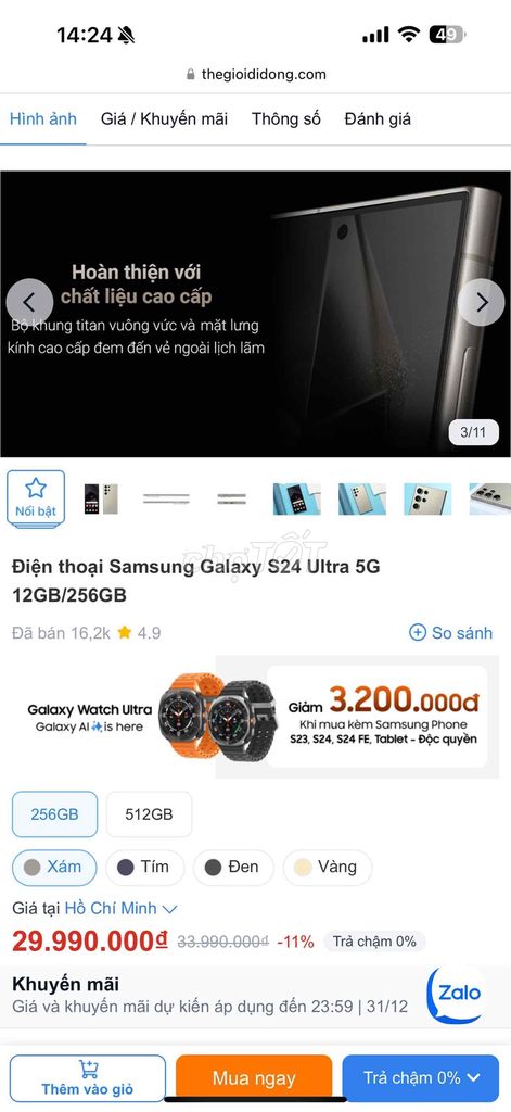 Bán Samsung S24 Ultra hàng TGDĐ