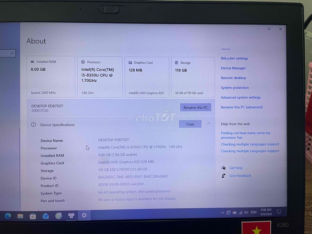 Lenovo ThinkPad X280 i5-8350U 8GB/128GB. Mua bán Laptop tại Huyện Vĩnh Tường Vĩnh Phúc được đăng bởi MINH HẢI hình 1