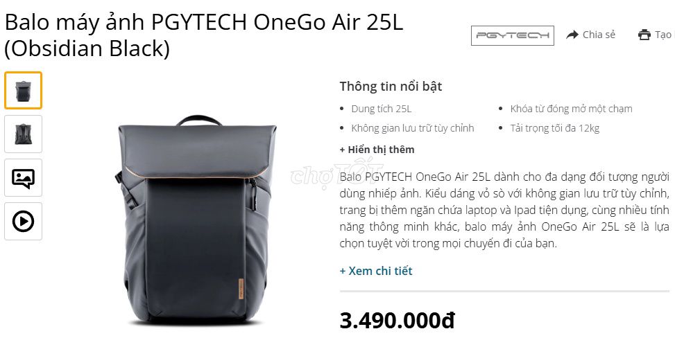 Balo máy ảnh PGYTECH OneGo Air Đen. Mua bán Túi xách tại Quận 3 Tp Hồ Chí Minh được đăng bởi CoBy hình 1