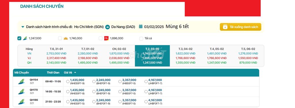 Hồ Chí Minh - Đà Nẵng  03/02/2025 Mùng 6 tết