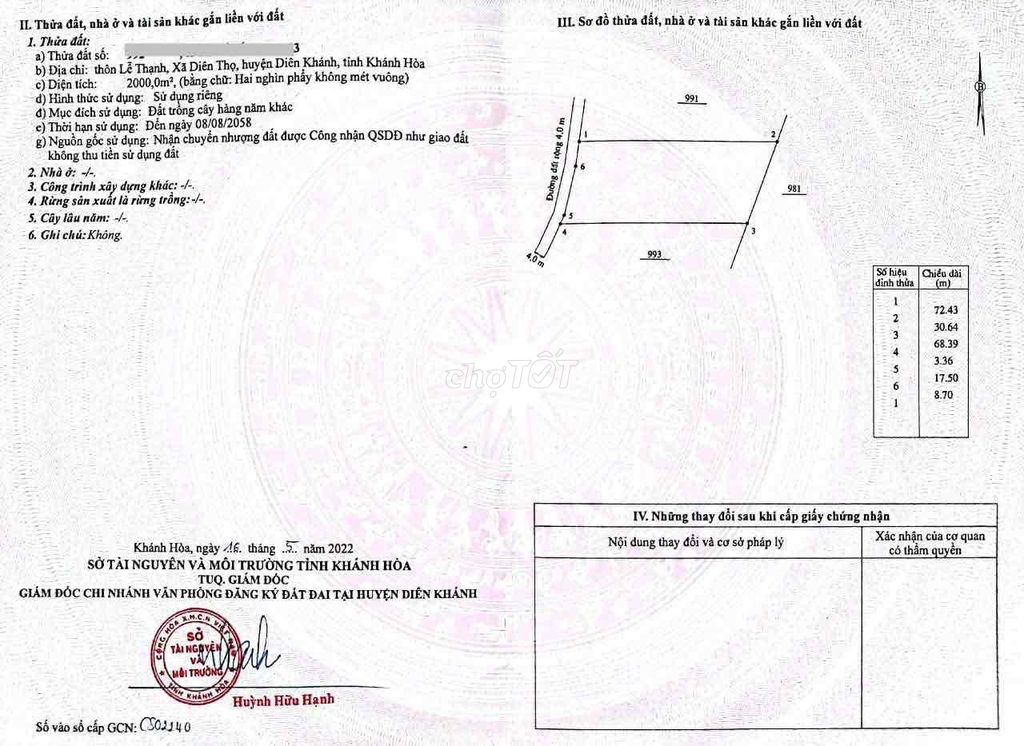 2000M2 ĐẤT DIÊN THỌ BÁN CHỈ 2,1 TỶ THƯƠNG LƯỢNG TRỰC TIẾP CHỦ