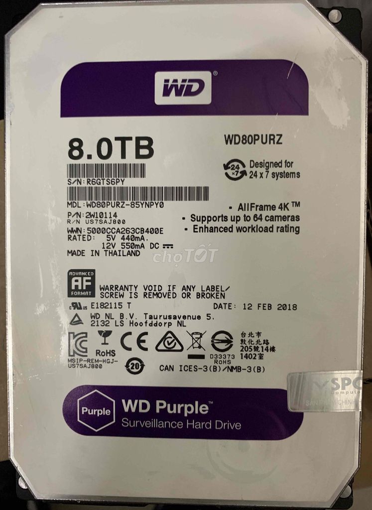 Ổ cứng HDD WD Purple 8TB WD80PURZ. Mua bán Linh kiện (RAM, Card...) tại Thành phố Thuận An Bình Dương được đăng bởi Good Life hình 1