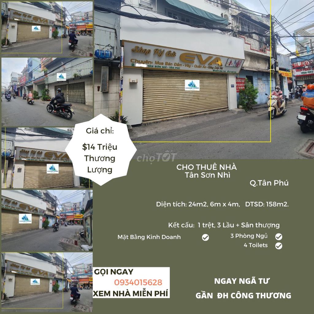 SỐC-Cho thuê nhà  Tân Sơn Nhì 3 Lầu, DTSD: 158m2, 14Triệu