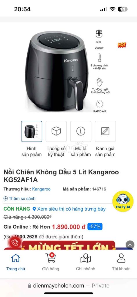 Nồi chiên không dầu 5L Kangaroo KG52AF1A (mới 100%