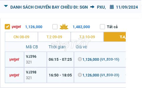 Tân Sơn Nhất (SGN) - Pleiku (PXU) 11/09/2024