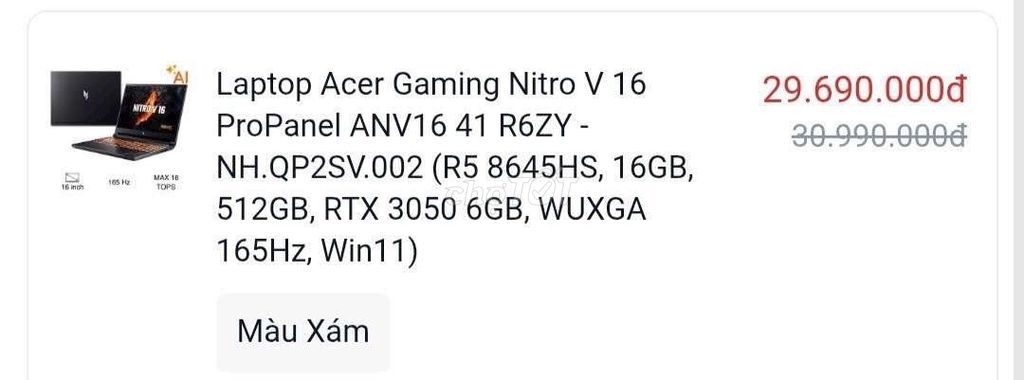 Acer Nitro V 16 Ryzen 5 16 inch 16GB/512GB. Mua bán Laptop tại Thị xã Phú Mỹ Bà Rịa - Vũng Tàu được đăng bởi Shark Store Phú Mỹ hình 1