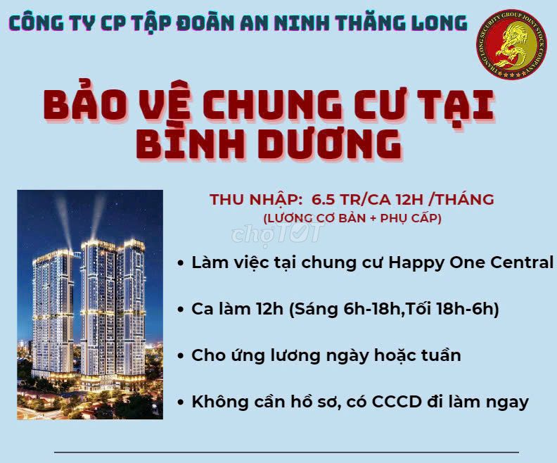 BẢO VỆ CHUNG CƯ BÌNH DƯƠNG,CÓ CHỖ Ở,ỨNG TIỀN NGÀY