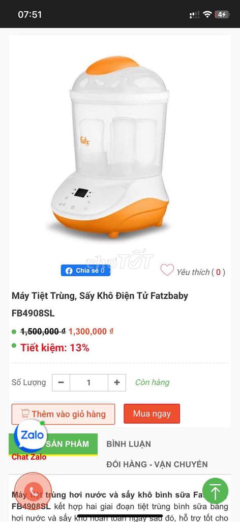 Máy tiệt trùng sấy khô Fatzbaby FB4908SL Trắng, Ca. Mua bán Mẹ và bé tại Thành phố Sóc Trăng Sóc Trăng được đăng bởi Le hai duong hình 1