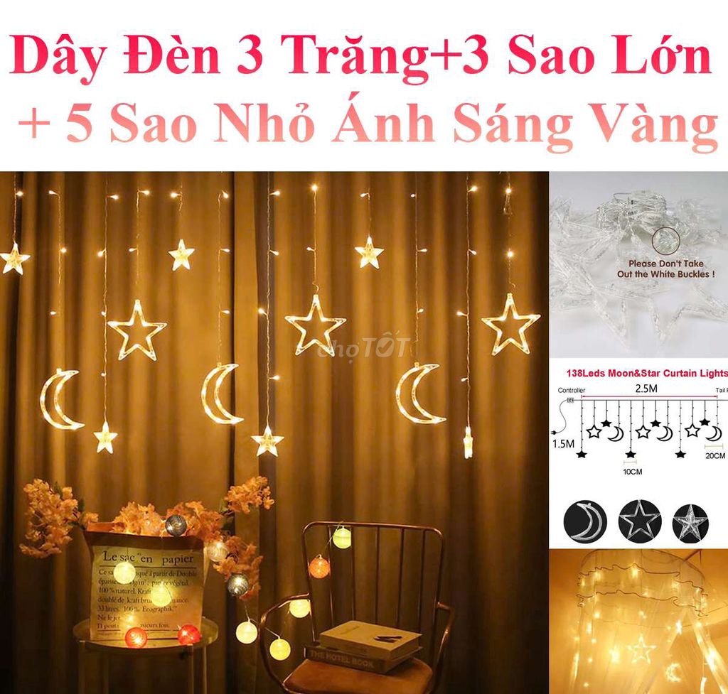 Dây Đèn 3 Trăng 3 Sao Lớn 5 Sao Nhỏ Ánh Sáng Vàng