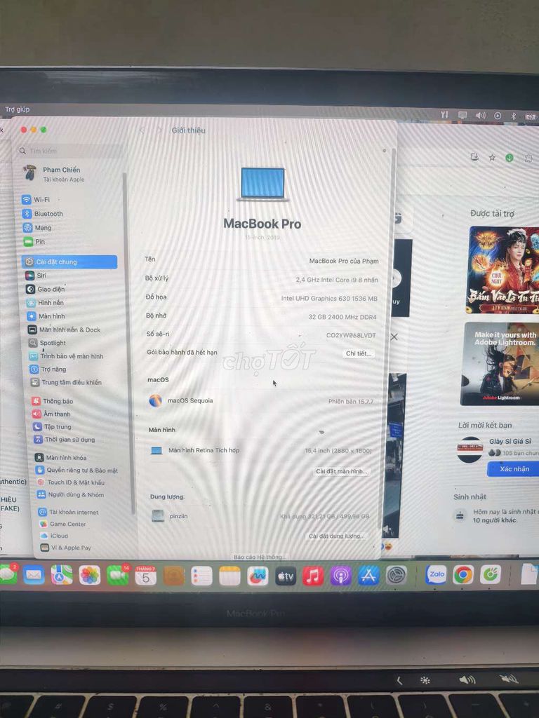 Apple MacBook Pro i9 32GB/512GB SSD 2019 Bạc. Mua bán Laptop tại Huyện Thanh Trì Hà Nội được đăng bởi Phạm Chiến authentic hình 1