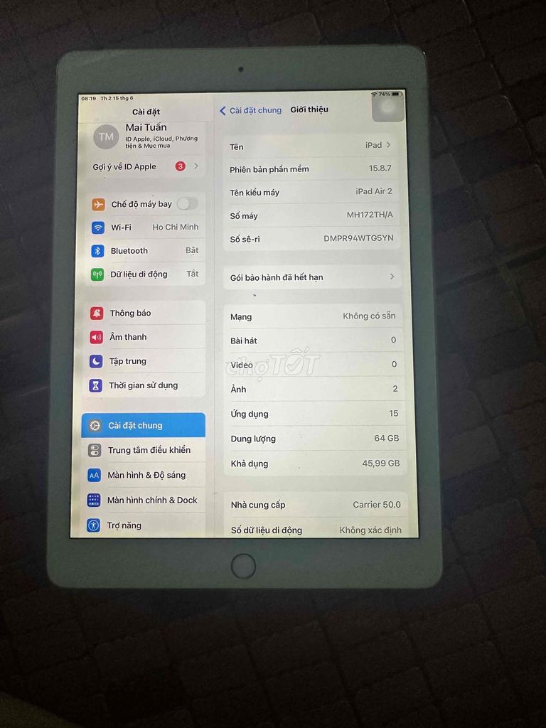 Apple iPad Air 2 Wifi 4G 64GB Vàng Vân tay. Mua bán Máy tính bảng tại Quận Tân Bình Tp Hồ Chí Minh được đăng bởi TMV hình 1