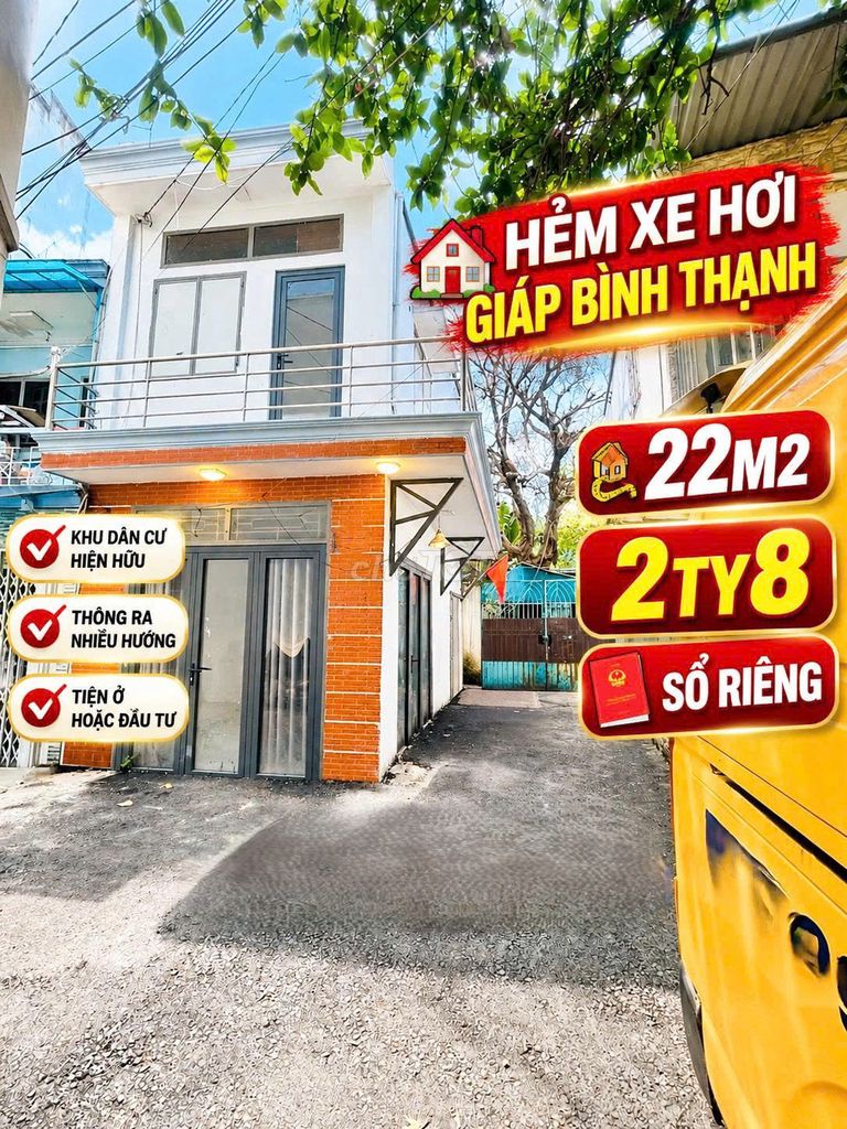 Nhà hẻm xe hơi giáp Bình Thạnh, 22m2, 1T1L, 2PN, chỉ 2.8 tỷ, Sổ hồng