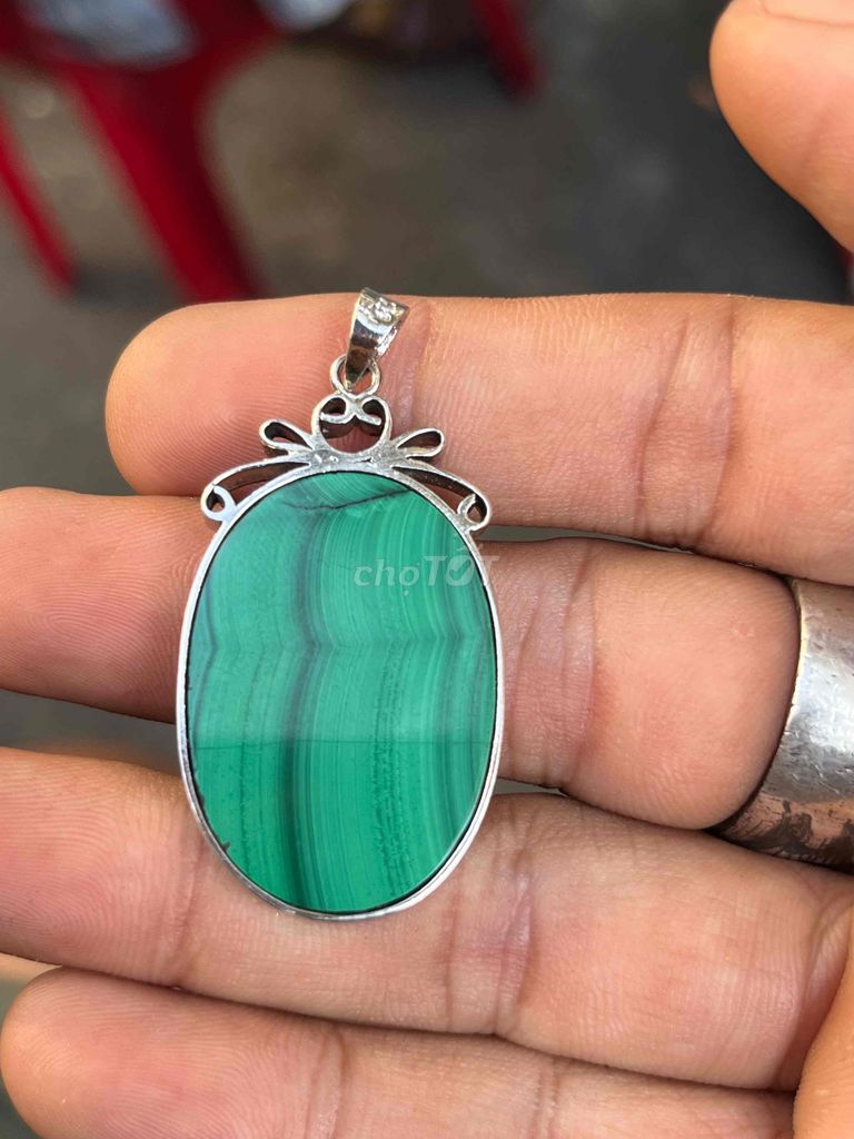 Mặt đeo bạc ngoại đá Malachite đẹp vintage sang