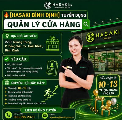 [HASAKI HOÀI NHƠN] TUYỂN QUẢN LÝ CỬA HÀNG MỸ PHẨM