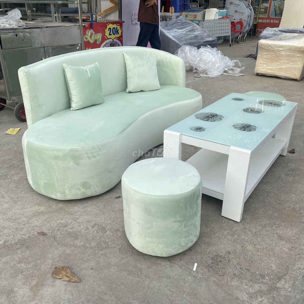 Bộ Sofa Bọc Vải Nhung Màu Xanh Mint Sang TRọng 99%