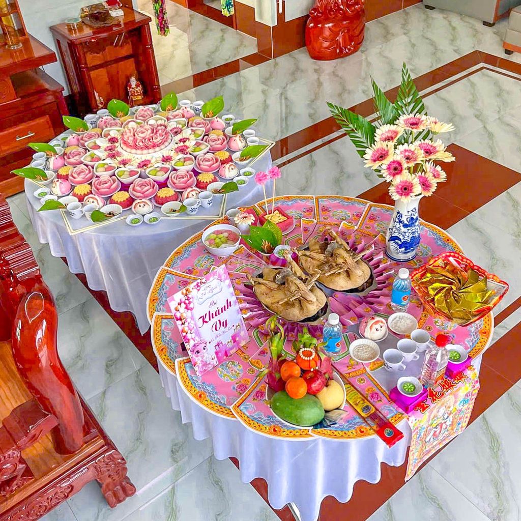 Mâm Cúng Đầy Tháng Tone Màu Hồng Cho Bé Gái. Dịch vụ tại Quận Ninh Kiều Cần Thơ được đăng bởi Dịch Vụ Đồ Cúng Tâm Phúc hình 1