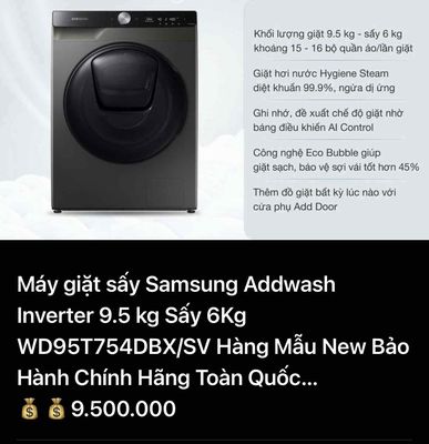 Máy giặt sấy Samsung 9.5 kg Sấy 6Kg WD95T754DBX