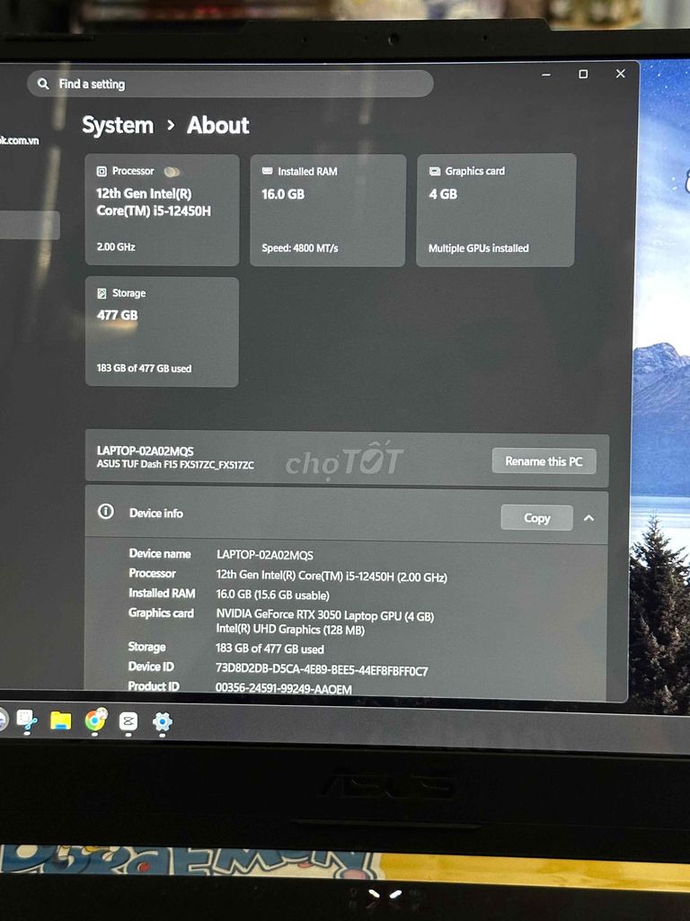 Asus Tuf Dash F15 FX517ZC i5-12450H 16GB/512GB. Mua bán Laptop tại Thành phố Thủ Đức Tp Hồ Chí Minh được đăng bởi Phạm Xuân Trường hình 1
