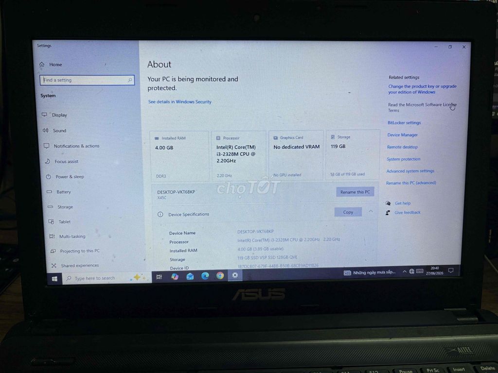 ASUS X45C i3-2328M 4GB/119GB SSD. Mua bán Laptop tại Quận 12 Tp Hồ Chí Minh được đăng bởi Nguyen anh tuan hình 1