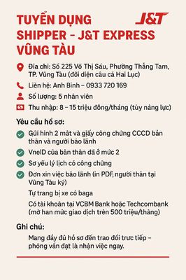 TUYỂN DỤNG SHIPPER – J&T EXPRESS VŨNG TÀU