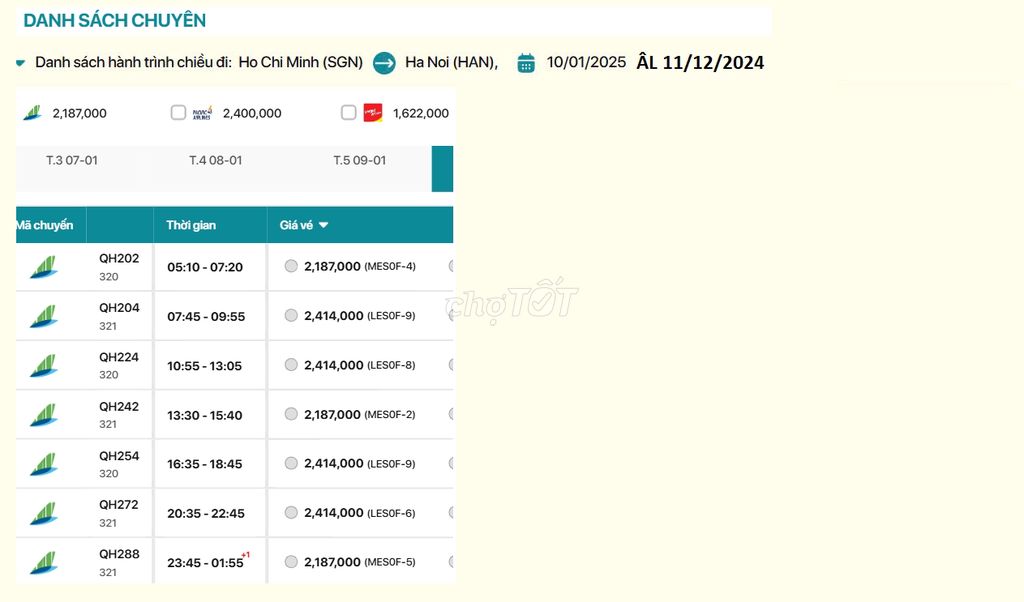 Hồ Chí Minh đến Hà Nội 10/01/2025 ÂL 11/12/2024