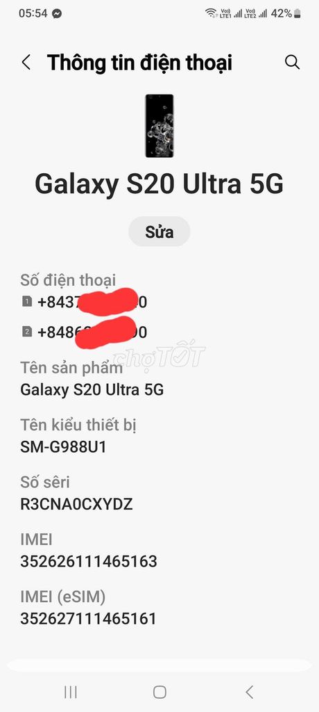 Samsung Galaxy S20 Ultra 5G 128GB Đen 2 SIM. Mua bán Điện thoại tại Thị xã Tân Uyên Bình Dương được đăng bởi 2027 tlbbvip hình 1