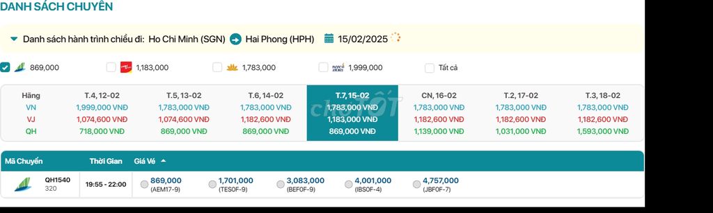 Hồ Chí Minh - Hải Phòng  15/02/2025
