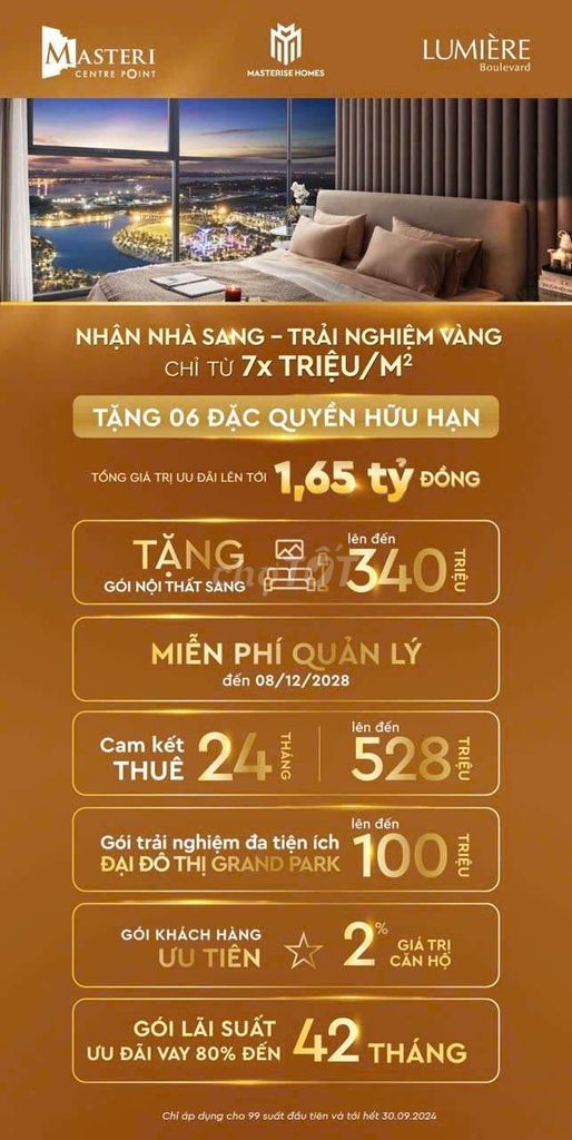 BÁN CĂN HỘ 2PN MASTERI CENTRAL POINT Q9 MIỄN 4 NĂM PHÍ QUẢN LÝ