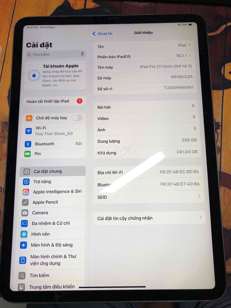 ipad pro 11" M1 2021dung lượng 256Gb máy full cn