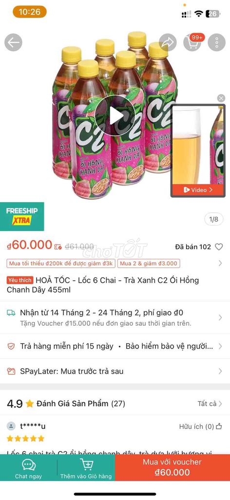 Lốc 6 chai (+2 chai) C2 chanh leo ổi hồng