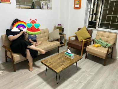 bộ Sofa kiểu Minimalism da màu Kem khung gỗ Keo